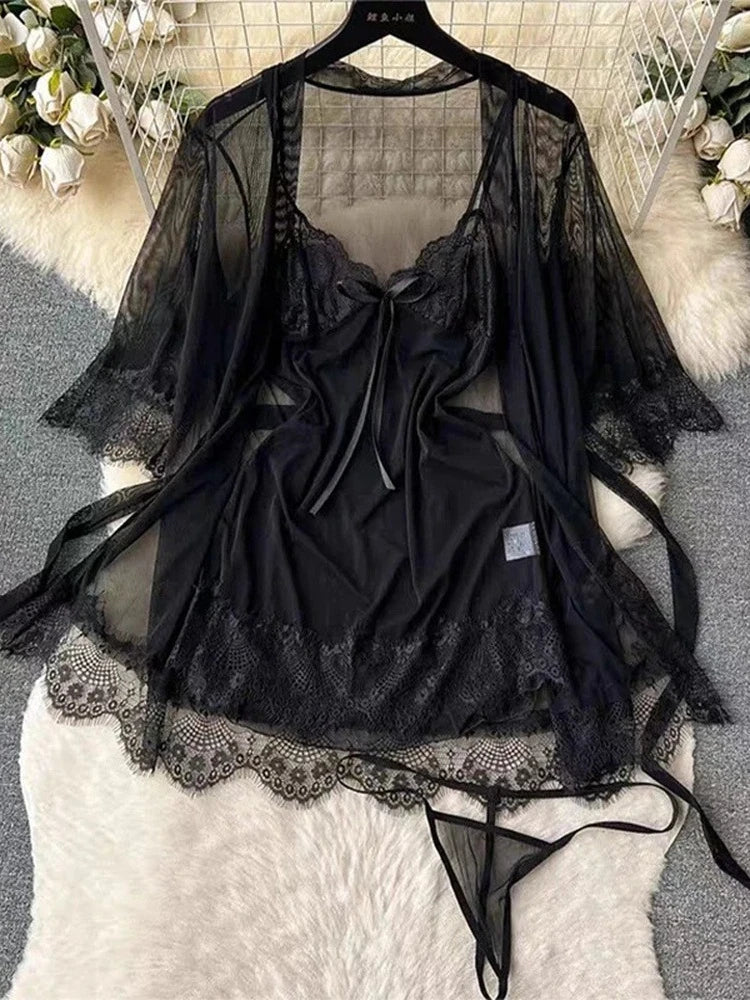 Halter Butterfly Lace Satin Nightgown Irregular Hem Homewear