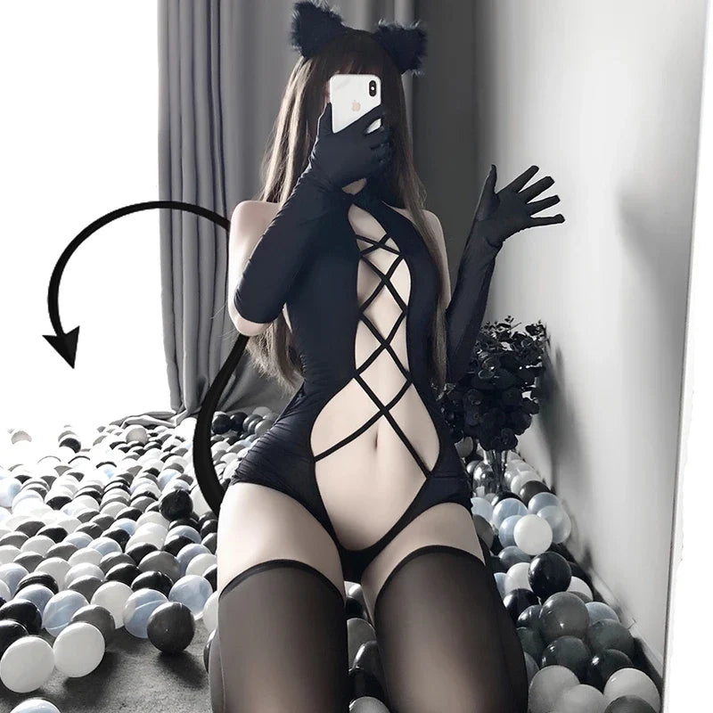 Black Hollow Out Bodysuit Swimsuit Underwear Cosplay Costumes