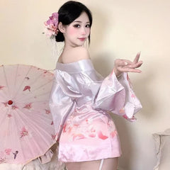Erotic Lingerie Deep V Kimono Retro Printed Bathrobe Kawaii Pajamas Cosplay Dancer Costumes Gradient Purple Pink