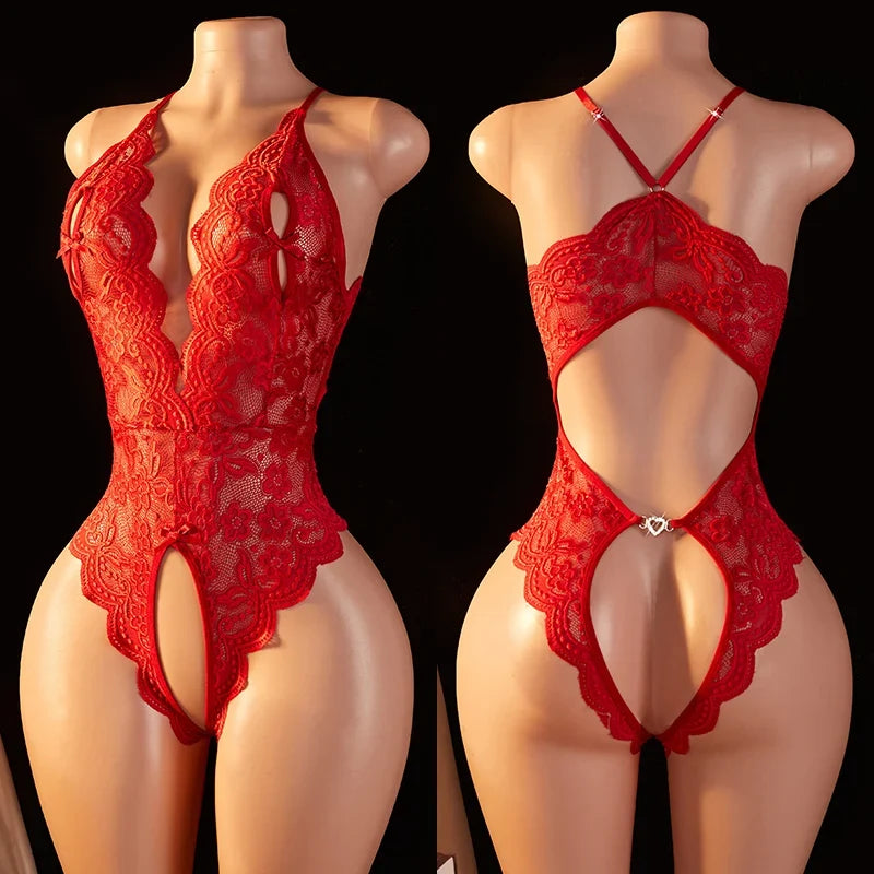 One-piece Crotchless Bodysuit Deep V Open Bra Lingerie