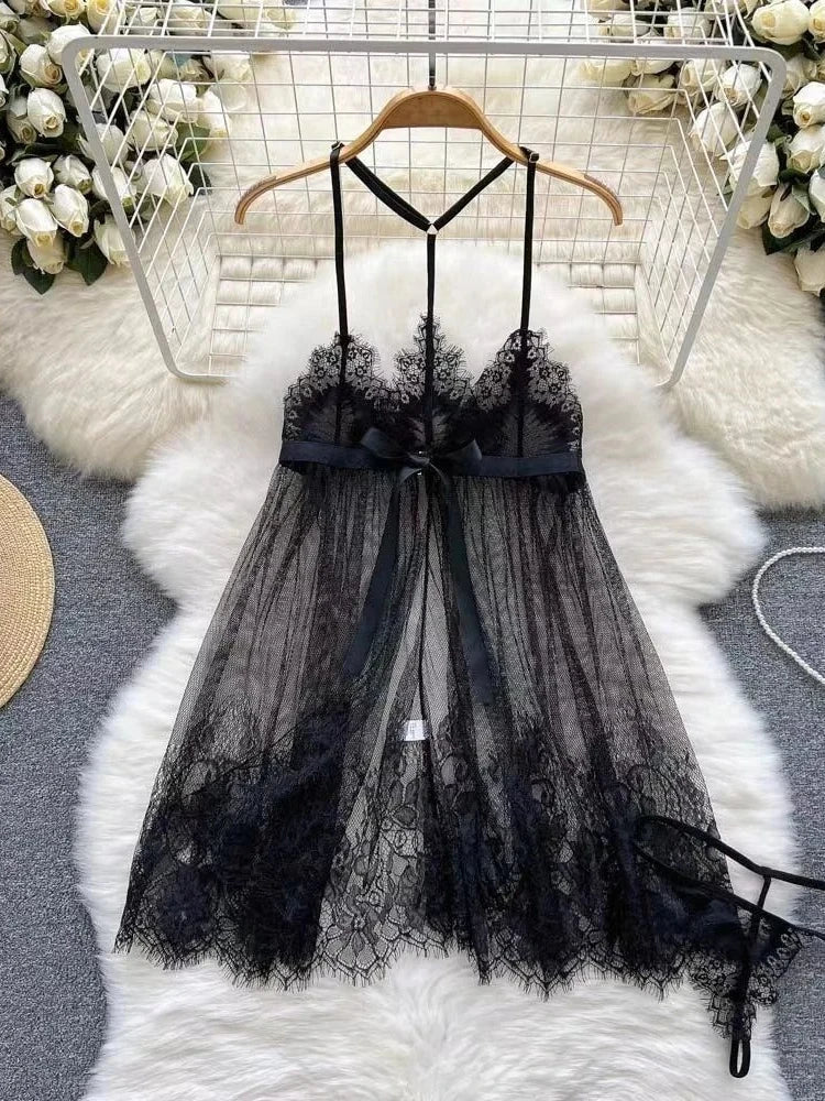 Halter Butterfly Lace Satin Nightgown Irregular Hem Homewear