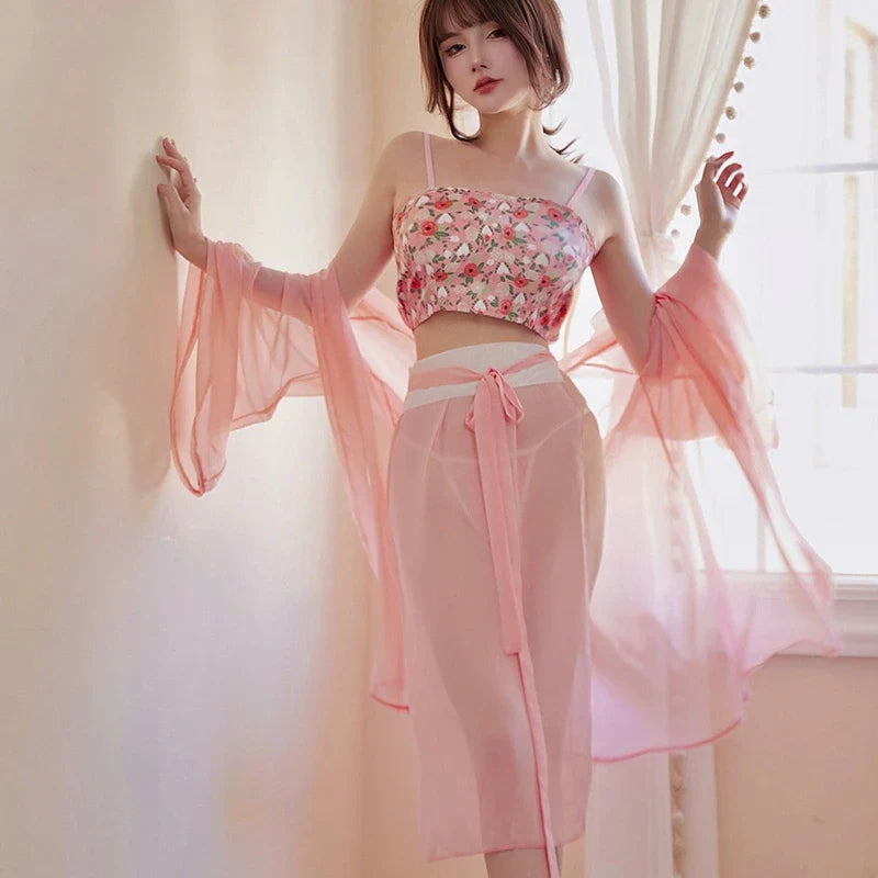 Pink Hanfu Bellyband Perspective Skirt Thin Outerwear Erotic Cosplay Lingerie Mesh Traditional Retro Costumes