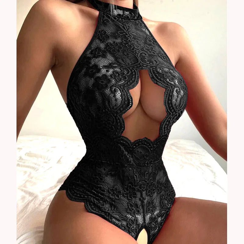 Exotici Hanging Neck Style Backless Transparent Red Lace Crotchless Hollow Bra Lingerie