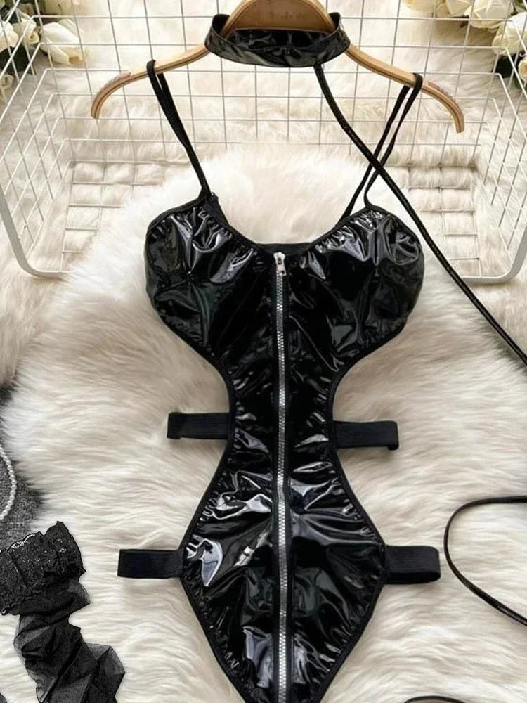 Black Patent Leather Bodysuits Adjustable Buckle Neckline Lace-up Side Waist Form Fitting