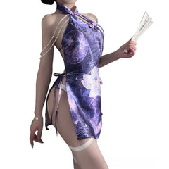 Traditional Style Cheongsam Skirt Lingerie Pearl Hanging Neck Strap Split Porno Exotic Costumes