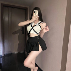 Lingerie Secretary Office Sailor Role-playing Temptation Short Sleeved Top Pleated Skirt Sets Straps