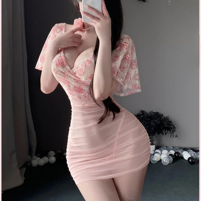 Perspective Soft Deep V Floral Tight Short Sleeve High Waist Hip Wrap Skirt Couples Flirting Erotic Outfit
