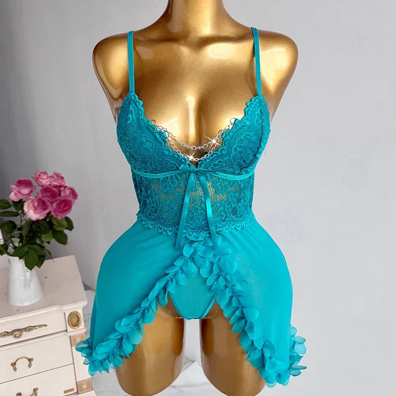 See Through Blue Lace Sling Sleepwear Two-piece Babydoll Nightgown Valentine's Day Gift Erotic Costumes