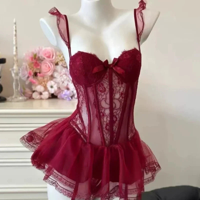 Porno Lingerie Lace Mesh Steel Ring Bra Vest Skirt Hollow Backless Set
