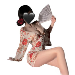 Pure Desire Printed Kimono Cosplay Sleeping Chiffon Perspective V-neck Bathrobe Long Sleeves Porno Pajamas