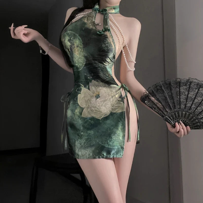 Traditional Style Cheongsam Skirt Lingerie Pearl Hanging Neck Strap Split Porno Exotic Costumes