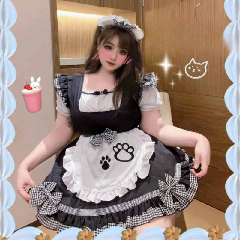 Sweet Maid Cat Halloween Waitress Role Play Kawaii Plus Size Party Black White Plaid Lolita Princess COS