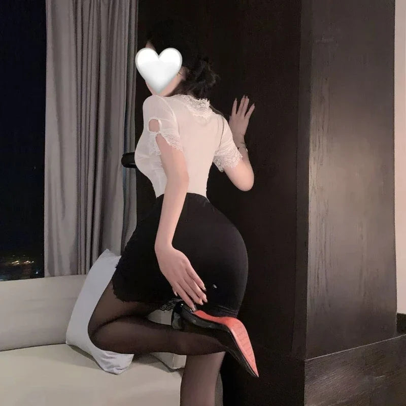 Exotic Office Lady Cosplay Costume See-through Underwear Hollow Out Deep V Lace Secretary Temptation Wrap Hip Dress