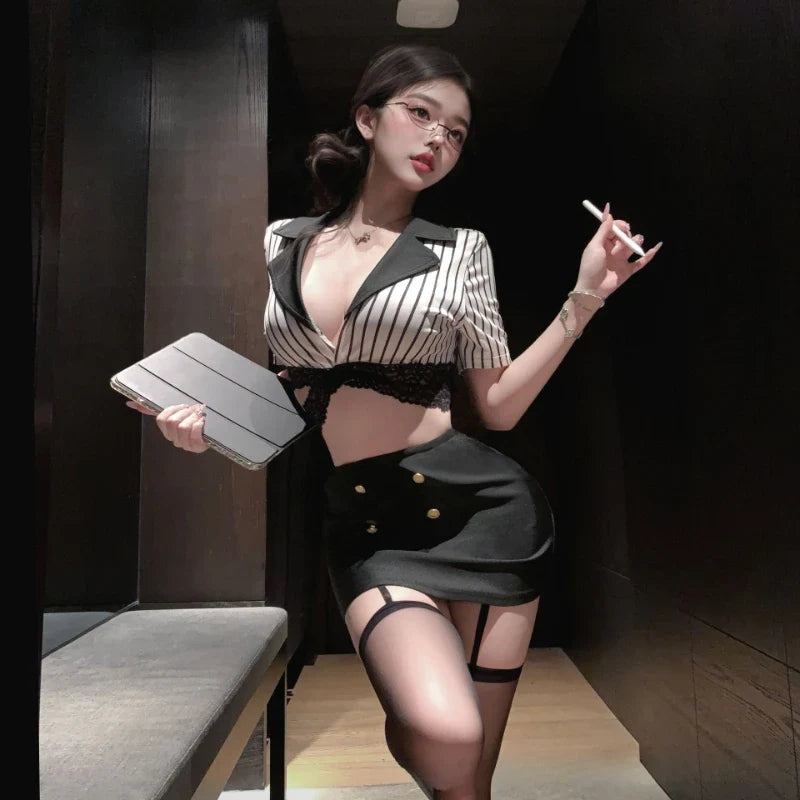Secretary Cosplay Lingerie Naughty Teacher Office Role-playing Costumes V-neck Striped Top Wrap Hip Miniskirt Set