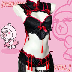 Gothic Vintage Cheongsam Lingerie Maid Cosplay Lolita Lace Embroidery Underwear Set