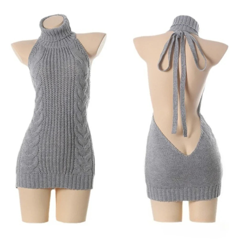 Sleeveless Turtleneck Cable Knit Backless Mini Virgin Killer Sweater Lingeries