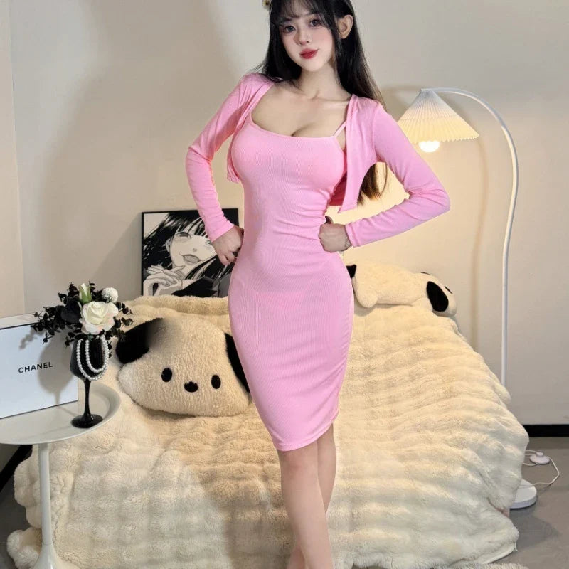 Wrap Hip Skirt Tight Sling Long Sleeves Outer Set
