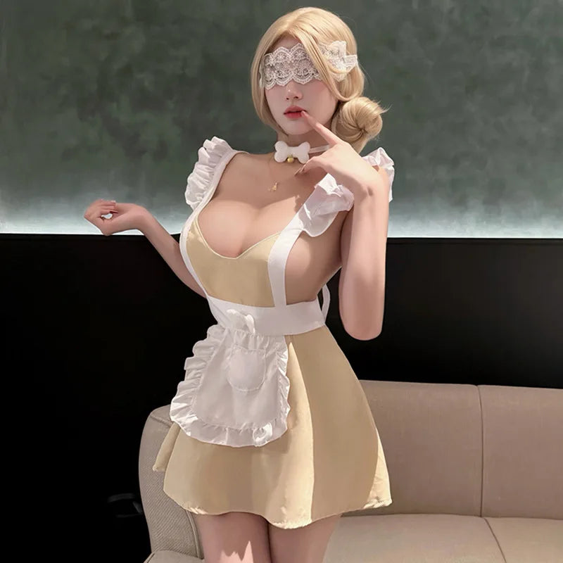 Kawaii Maid Cosplay Lingerie Outfit Ruffle Strap Backless Skirt Role Play Servant Sweet Costumes Sensual Home