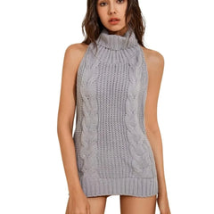 Sleeveless Turtleneck Cable Knit Backless Mini Virgin Killer Sweater Lingeries