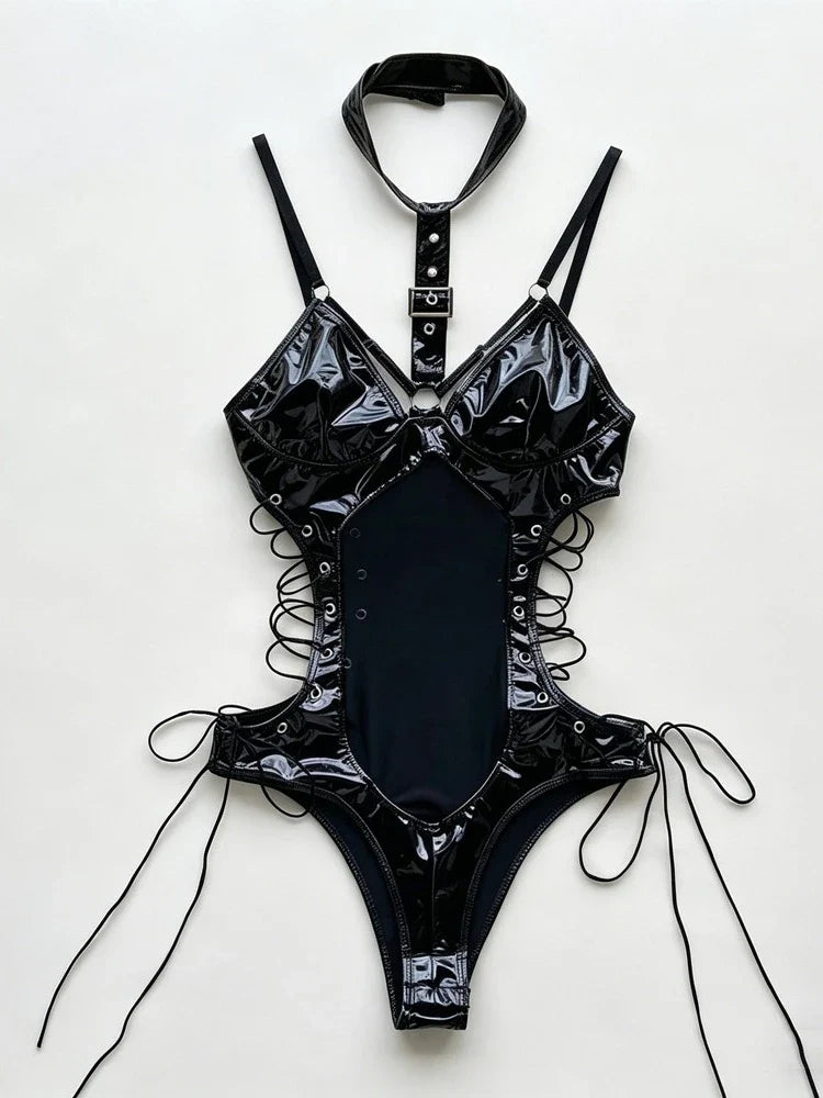 Black Patent Leather Bodysuits Adjustable Buckle Neckline Lace-up Side Waist Form Fitting