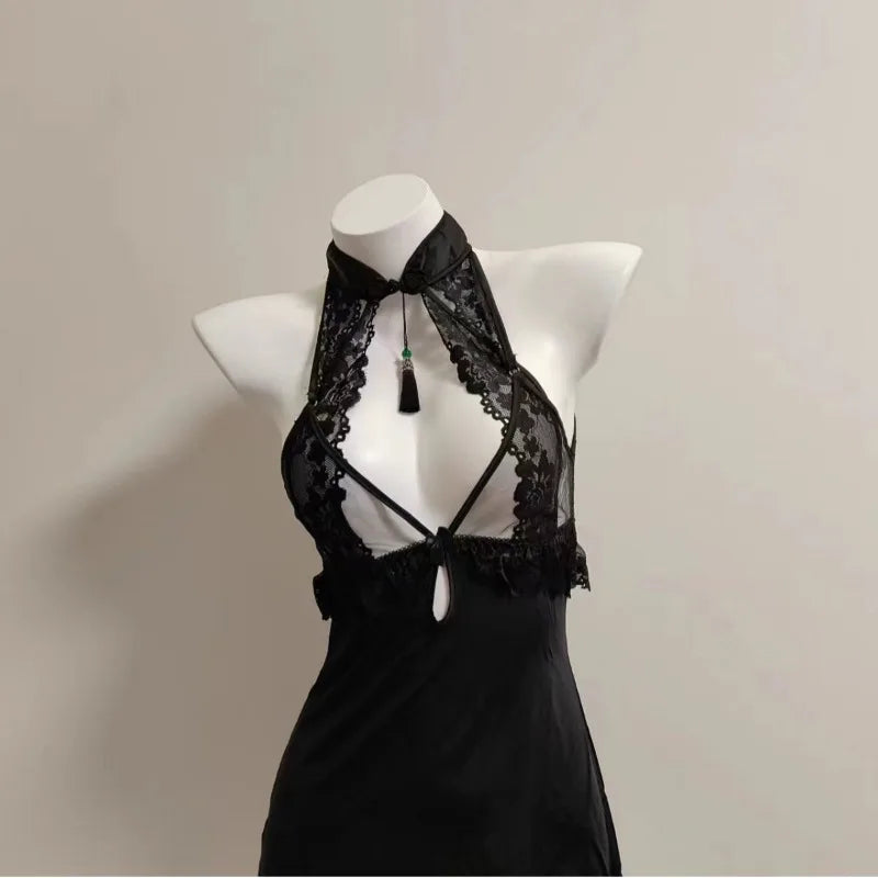 Retro Cheongsam Pendant Hanging Neck NightLingerie Openwork High Quality Pure Desire Home Night Suit