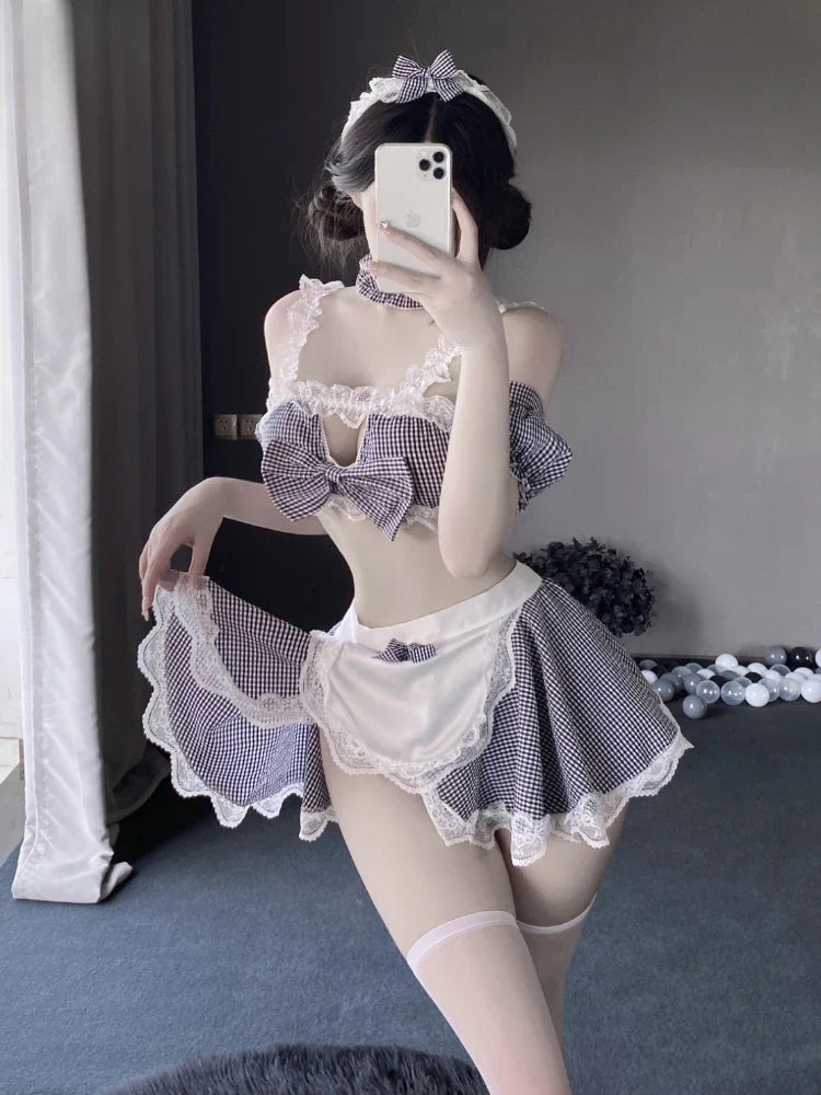 Alluring French Maid Costume Lingerie Outfit Ruffled Apron Headband Cosplay Party Fancy Exotic