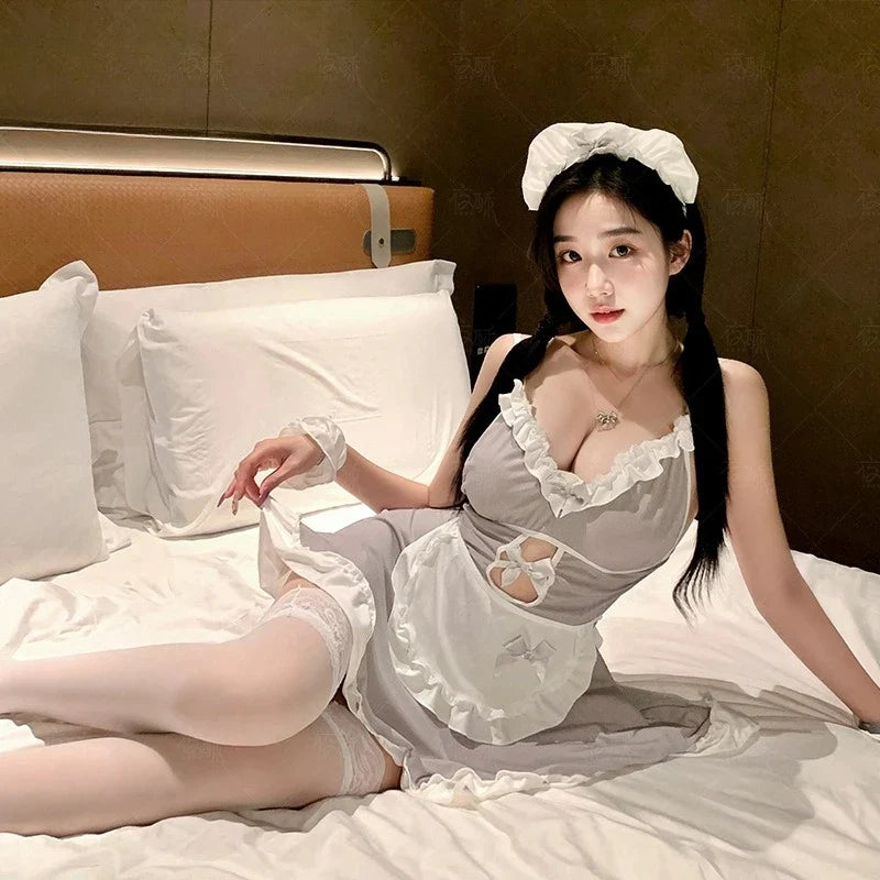 Maids Roleplay Costumes Cute Bowknot Backless Sling Lolita Servant Outfit Sweet Cosplay Adult Home Pajamas