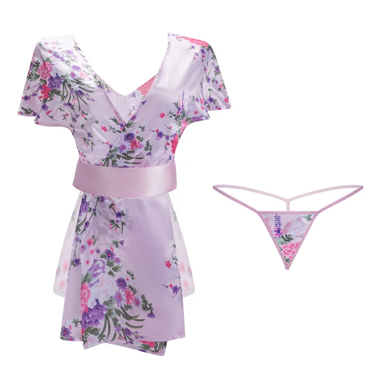 Deep V Bow Waistband Printed Hollow Out Kimono Erotic Bathrobe Adult Nightgown Temptation Costumes