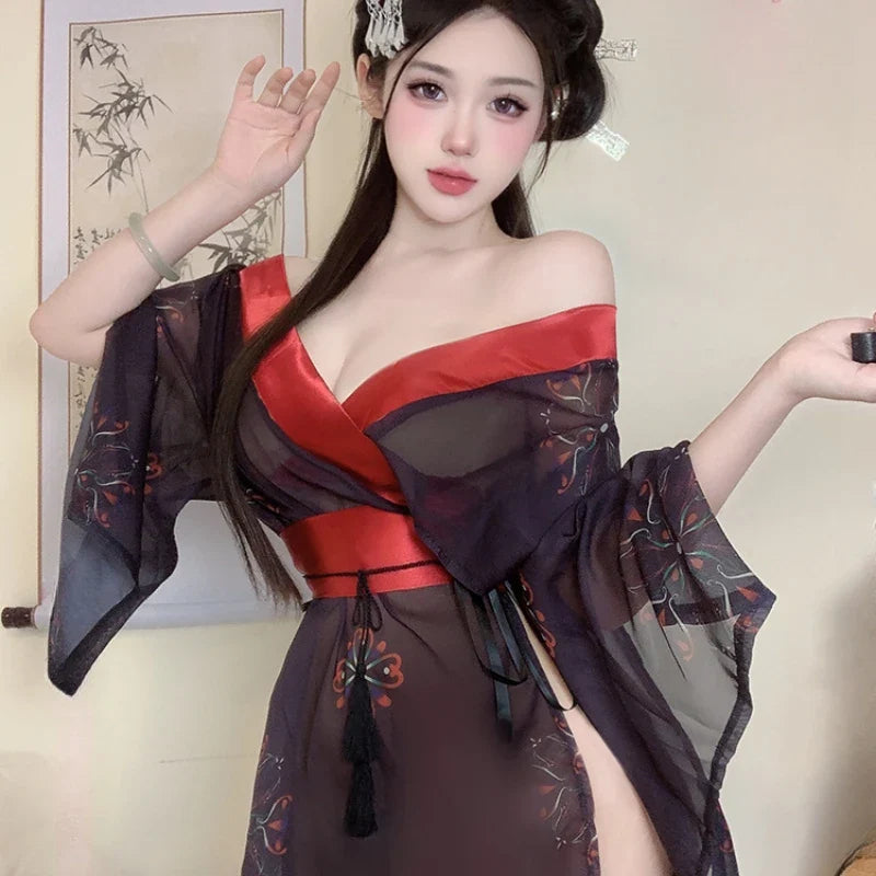 Erotic Lingerie Kimono Cute Printed Pajama Bathrobe Set