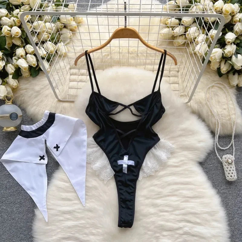 Cosplay Nun Role Play Costumes Erotic Lingerie Bodysuit Open Chest See Through Temptation Passion Set