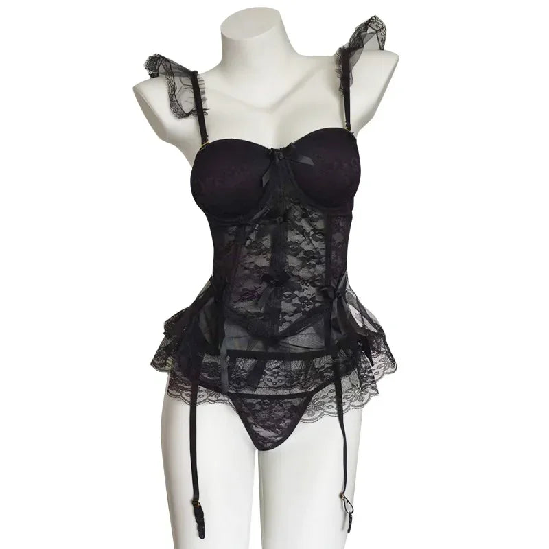Porno Lingerie Lace Mesh Steel Ring Bra Vest Skirt Hollow Backless Set