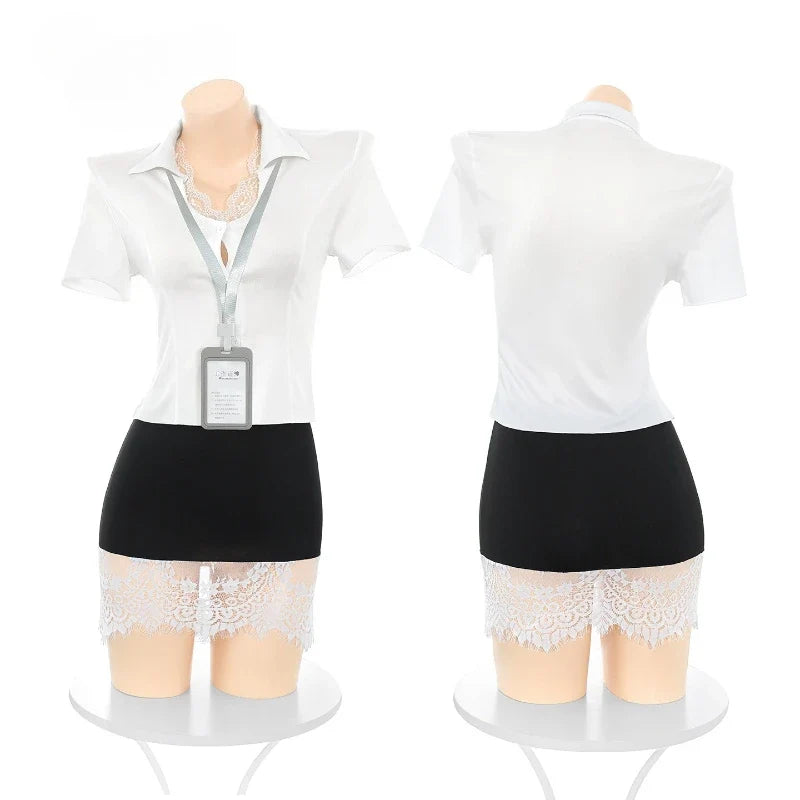 Secretary Cosplay Temptation Costumes Ultra-thin Shirt Lace Wrap Hip Miniskirt Set
