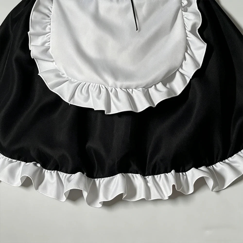 Maid Costume Outfit Black White Ruffle Sleeveless Suspender Apron