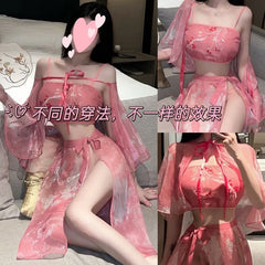 Ancient Hanfu Nightgown Role Play Porno See-Through Mesh Sleepwear Retro Traditional Bellyband Exotic Charm Costume