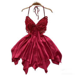 Halter Butterfly Lace Satin Nightgown Irregular Hem Homewear