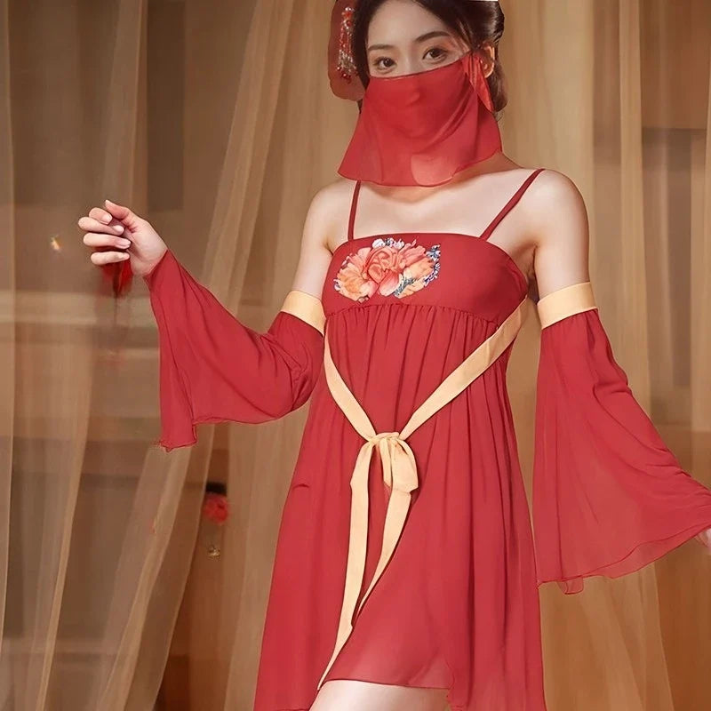 Ancient Style Hanfu Elegant Transparent Flower Print Backless Deep V NightTraditional Bellyband Pajamas