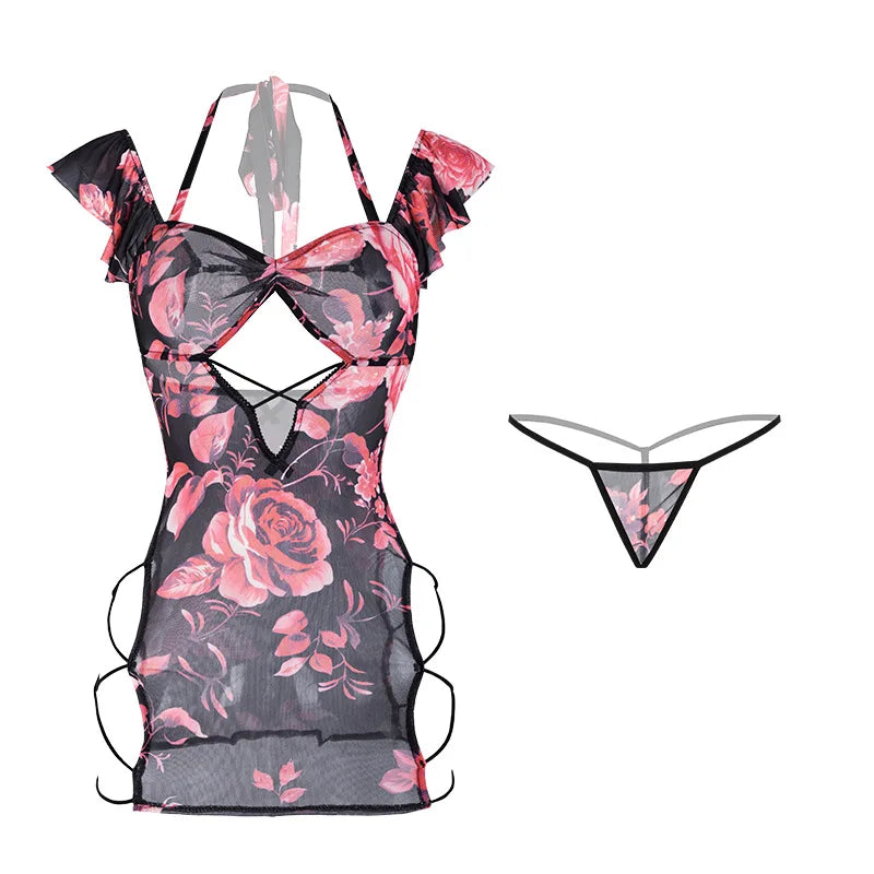 Hollowed Out Wrap Hip Skirt Rose Printing Nightgown Cosplay Costumes Backless NightAdult Home Pajamas