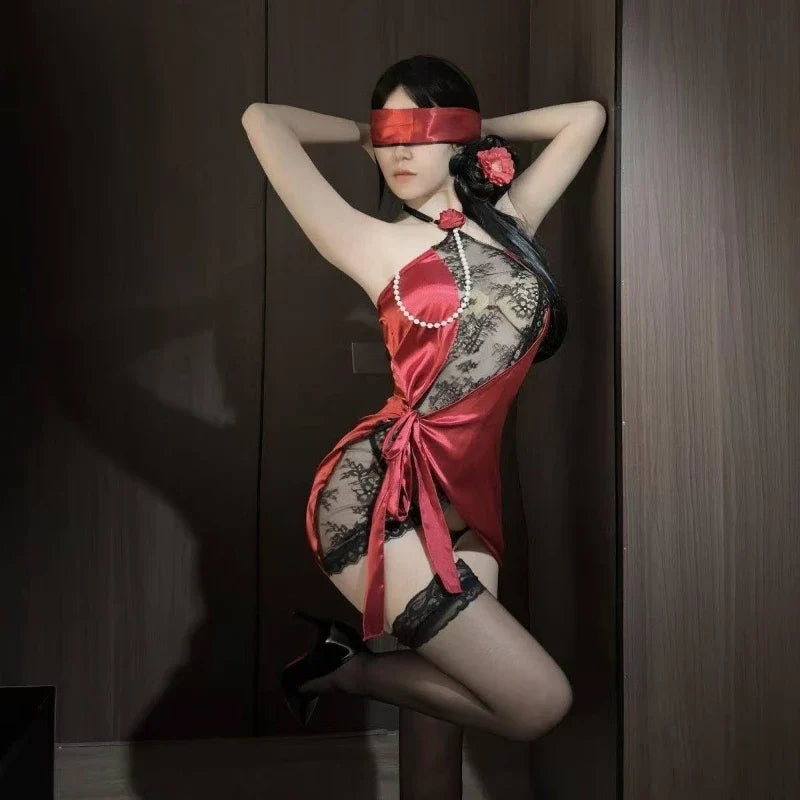 Lingerie Lace Bandage Sleepwear Flower Hanging Neck Set