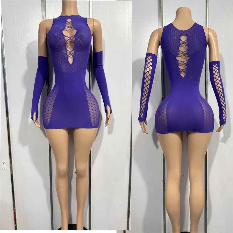 Bandage Mini Hollow Out Slim Babydoll Square Collar Gloves Backless Nightclub