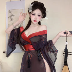 Erotic Lingerie Kimono Cute Printed Pajama Bathrobe Set