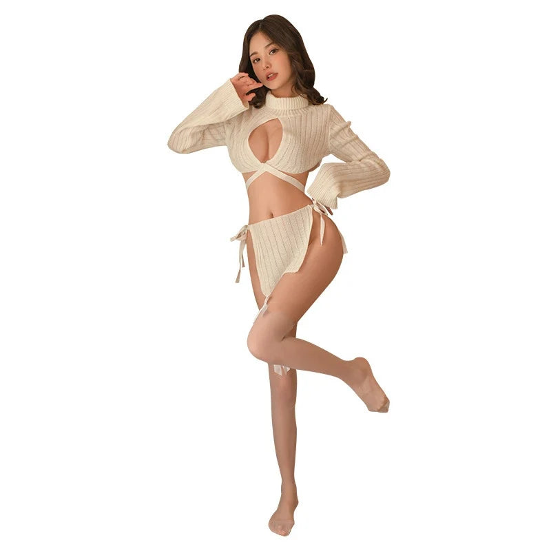 Backless High Collar Sweater White Kawaii Cosplay Teacher Costumes Lingerie Temptation Long Sleeves Top Miniskirt