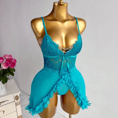 See Through Blue Lace Sling Sleepwear Two-piece Babydoll Nightgown Valentine's Day Gift Erotic Costumes