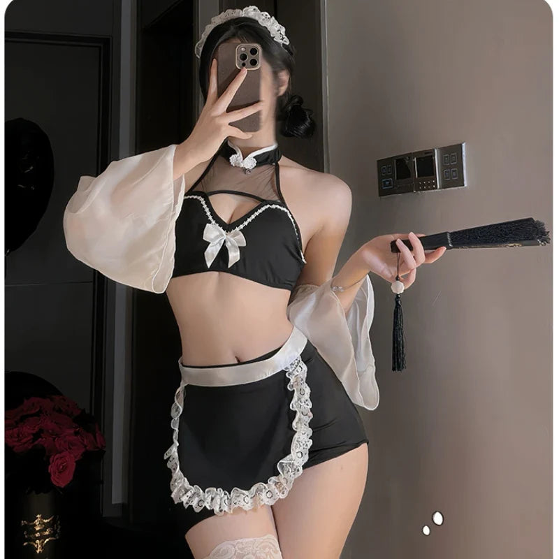Maid Lingerie Apron Seduction Kawaii Cosplay Servant Outfit Porno Lingerie Cute Lace Top Miniskirt Lady Costumes