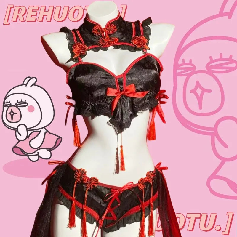 Gothic Vintage Cheongsam Lingerie Maid Cosplay Lolita Lace Embroidery Underwear Set