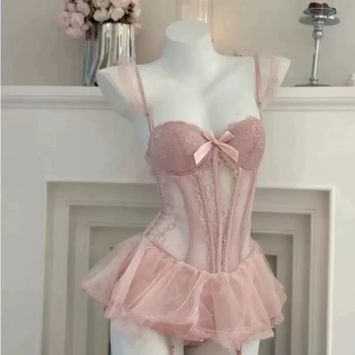 Porno Lingerie Lace Mesh Steel Ring Bra Vest Skirt Hollow Backless Set
