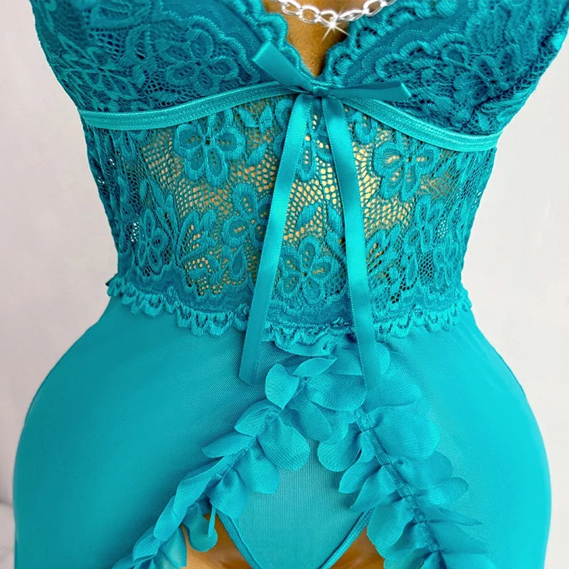 See Through Blue Lace Sling Sleepwear Two-piece Babydoll Nightgown Valentine's Day Gift Erotic Costumes