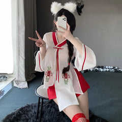 Chiffon Embroidery Kimono Hot Temptation Erotic Underwear Suit Cosplay Top Skirt Panties