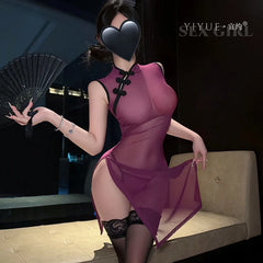 Style Cheongsam Lace Perspective Seductive Wrap Hip Skirt Lingerie Babydoll Temptation Porno Bar Costume
