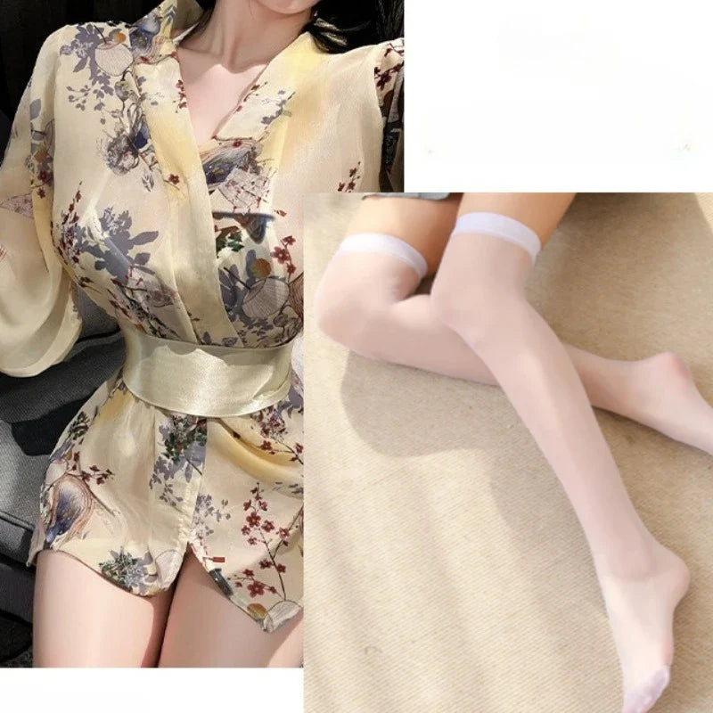 Short Style Kimono Bathrobe Temptation Print Bow Pajamas Home Nightgown Exotic Charm Costumes