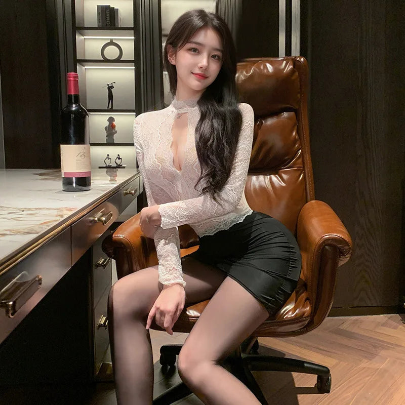 Role Play Secretary Lace Perspective Costume Office Temptation Hollow Long Sleeves Top Wrap Hip Short Skirt